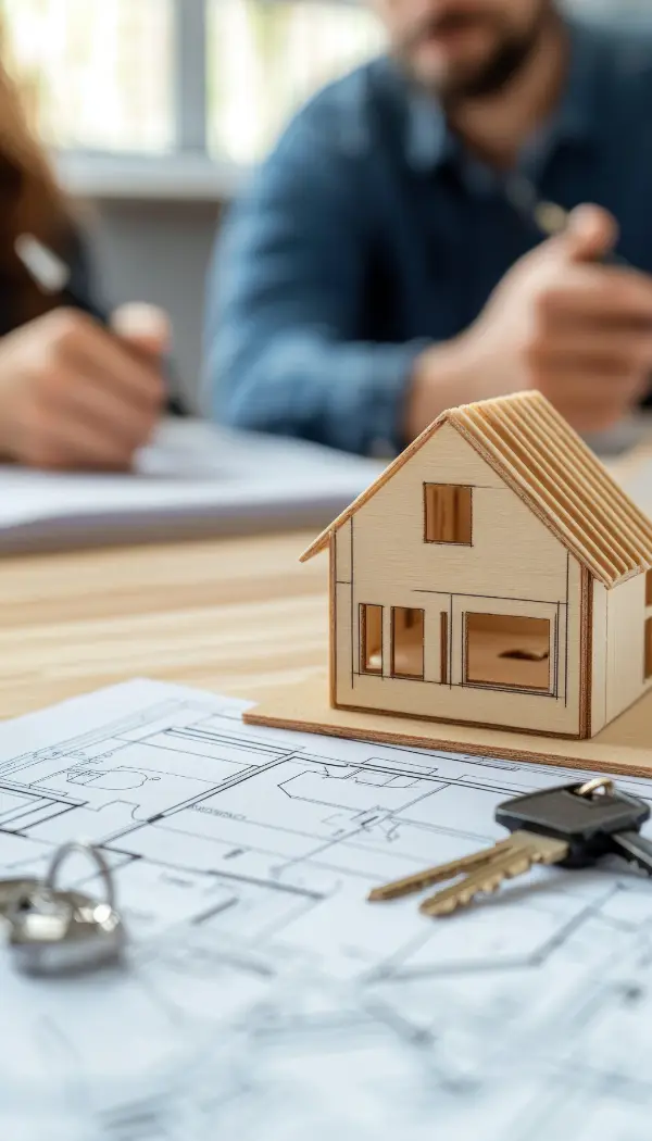 cap-horn-conseils-conseil-financement-immobilier-marcq-en-baroeul-2 Plusieurs plans d'architecte sont posés sur une table avec la présence de mains tapant à la calculatrice. Il y a aussi posés un mètre, des crayons, une maquette de maison.